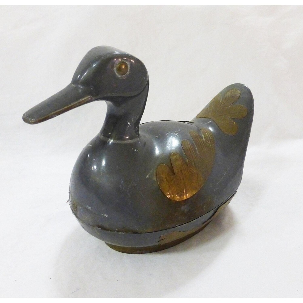 Vtg chinese pewter brass duck lidded‎ trinket jewelry box dish bird farmhouse